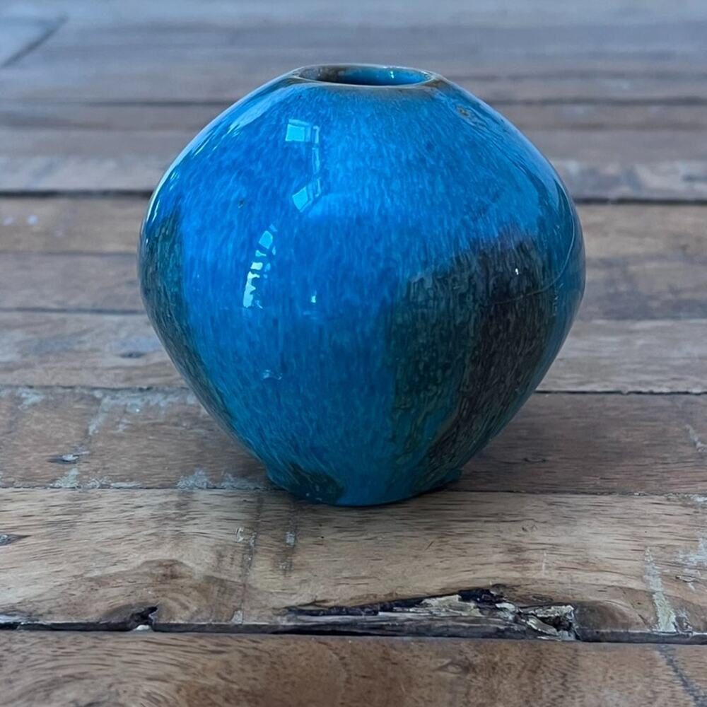 Studio Art Pottery Stoneware Vase 3" Round Turquoise Brown Mottled Drip Glaze